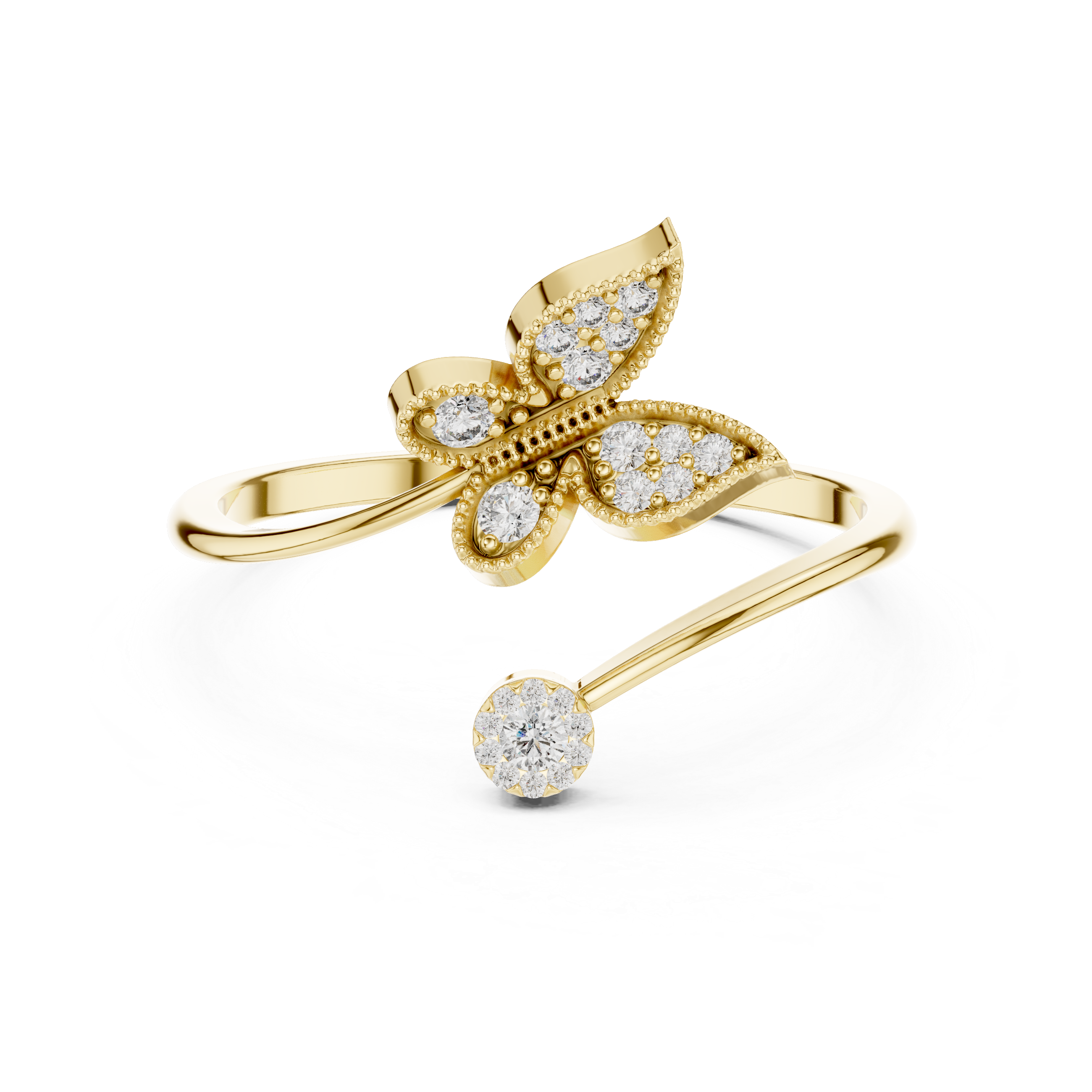 Gold butterfly ring with diamond accents on a white background