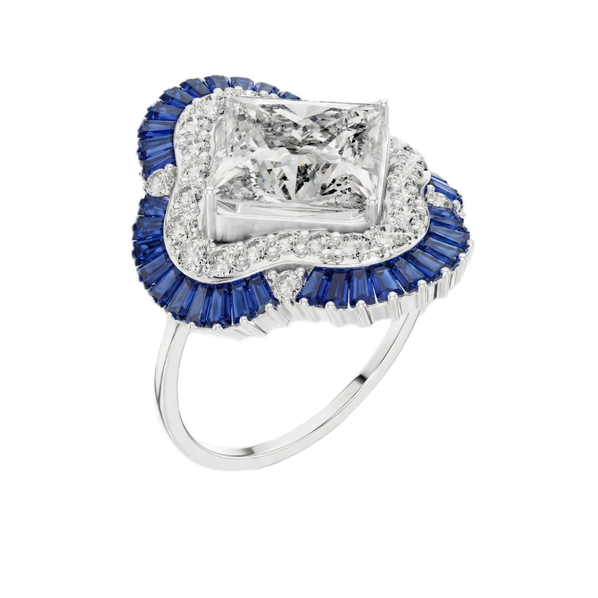 Diamond ring with blue gemstones on a white background