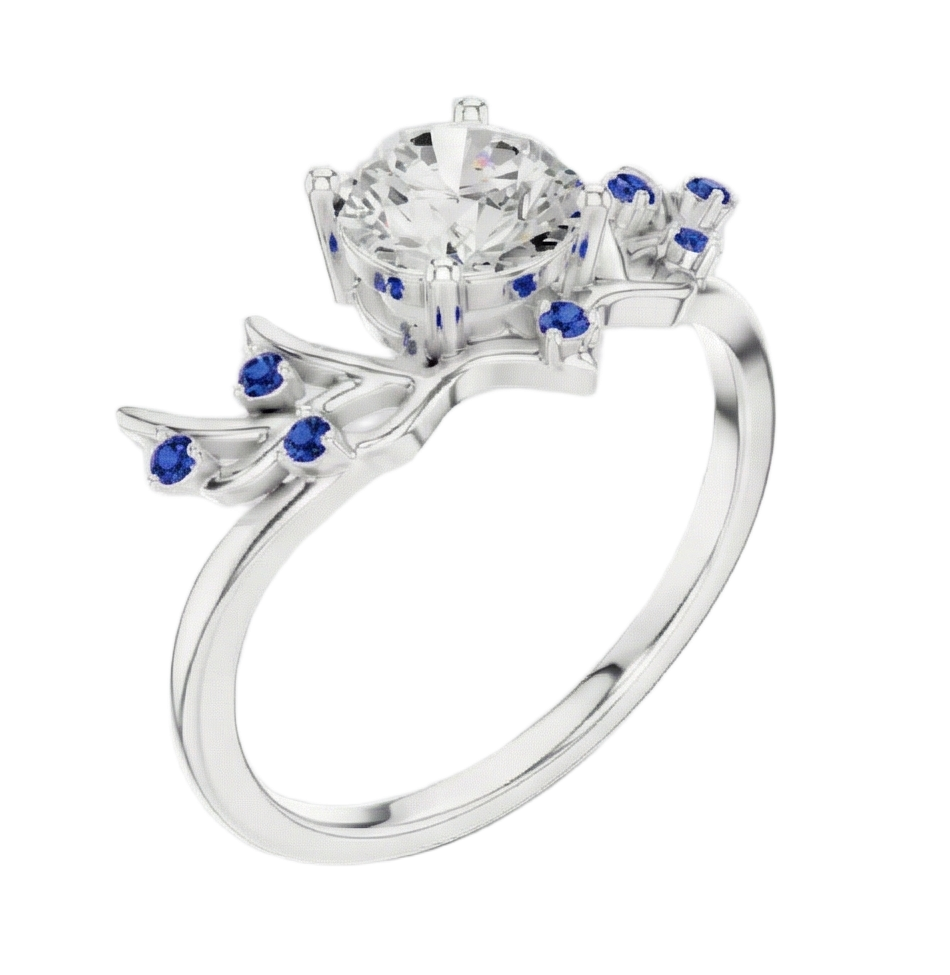 Silver ring with a central diamond and blue gemstones on a white background