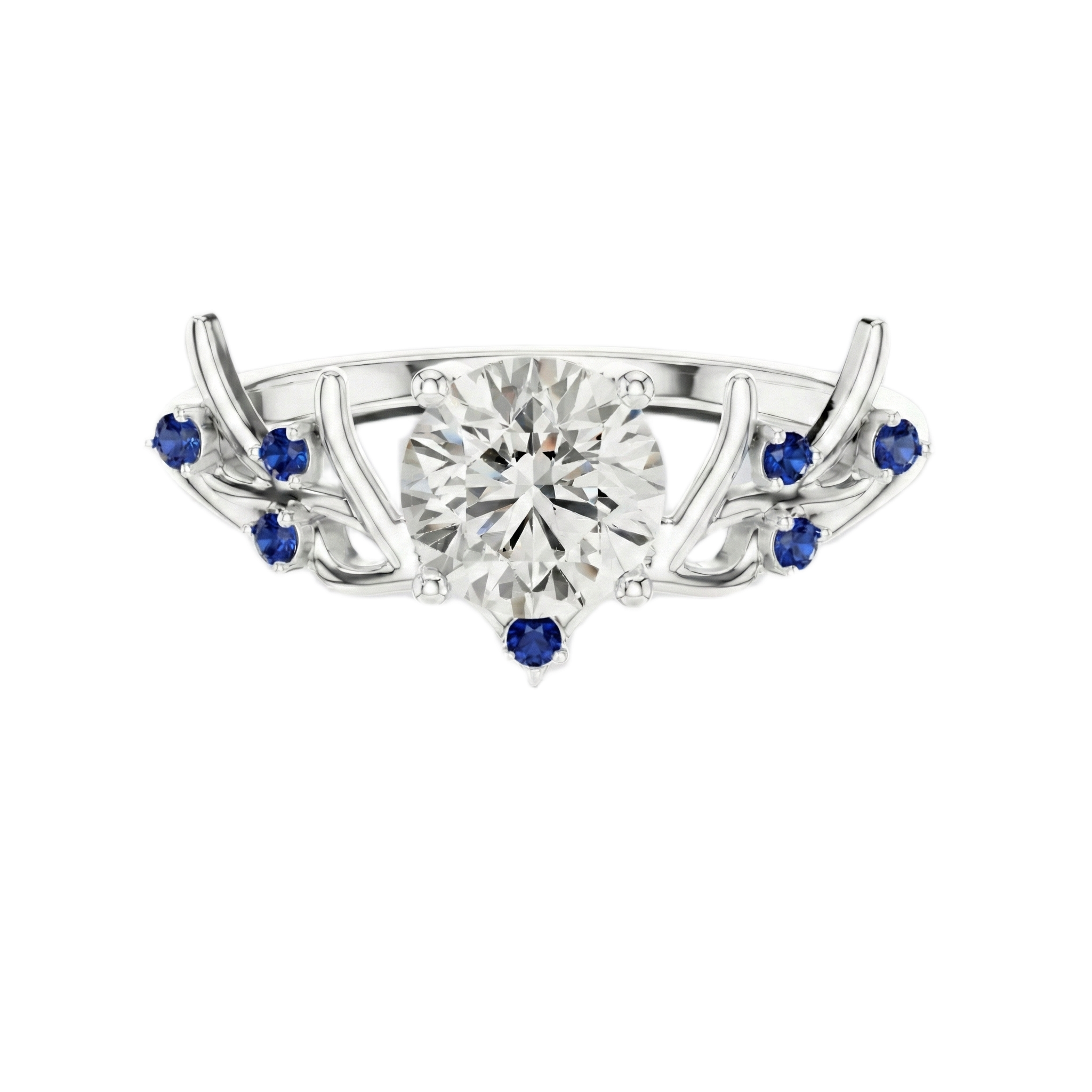 Silver ring with a central diamond and blue gemstones on a white background