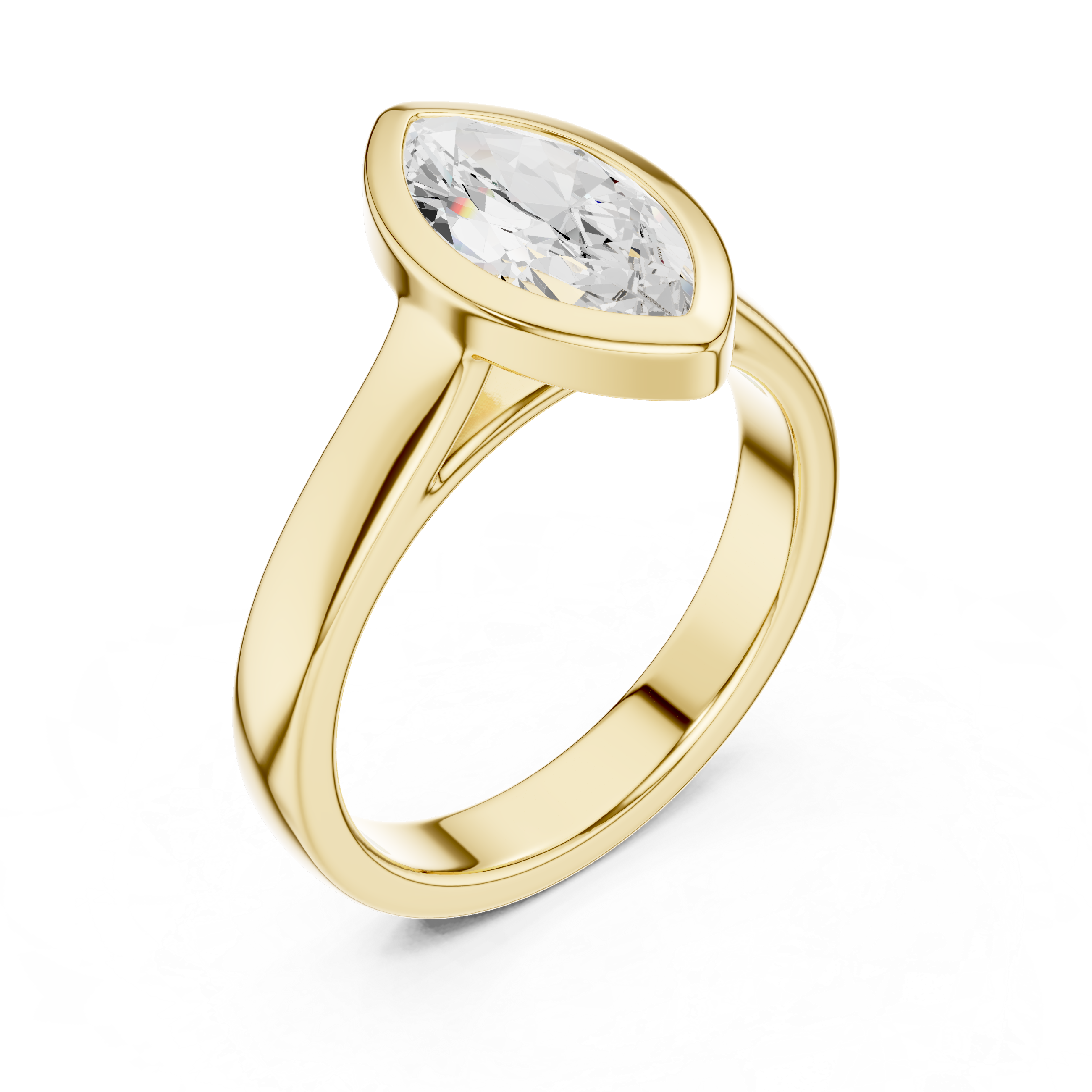 Gold ring with a clear gemstone on a white background
