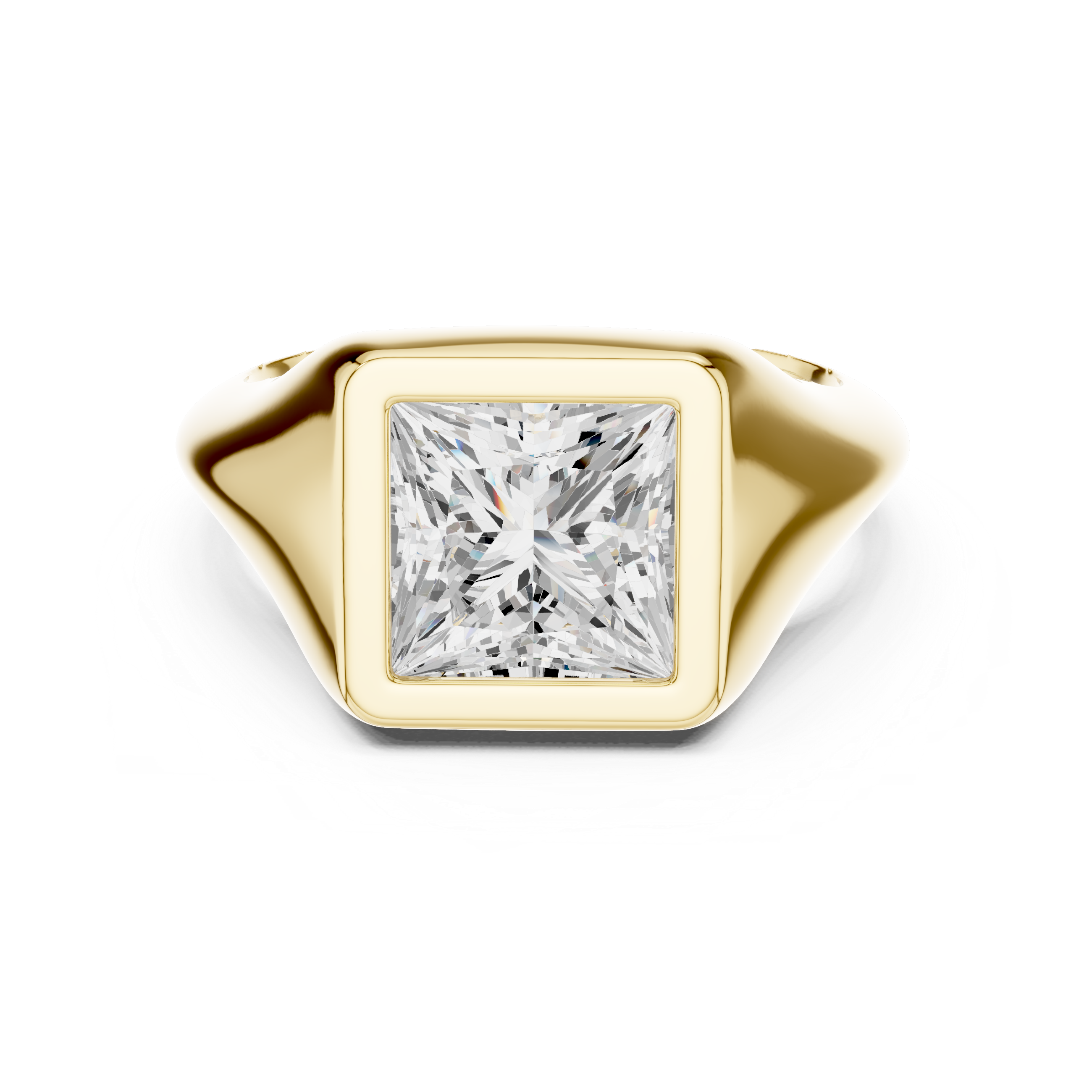 Gold ring with a large diamond on a white background