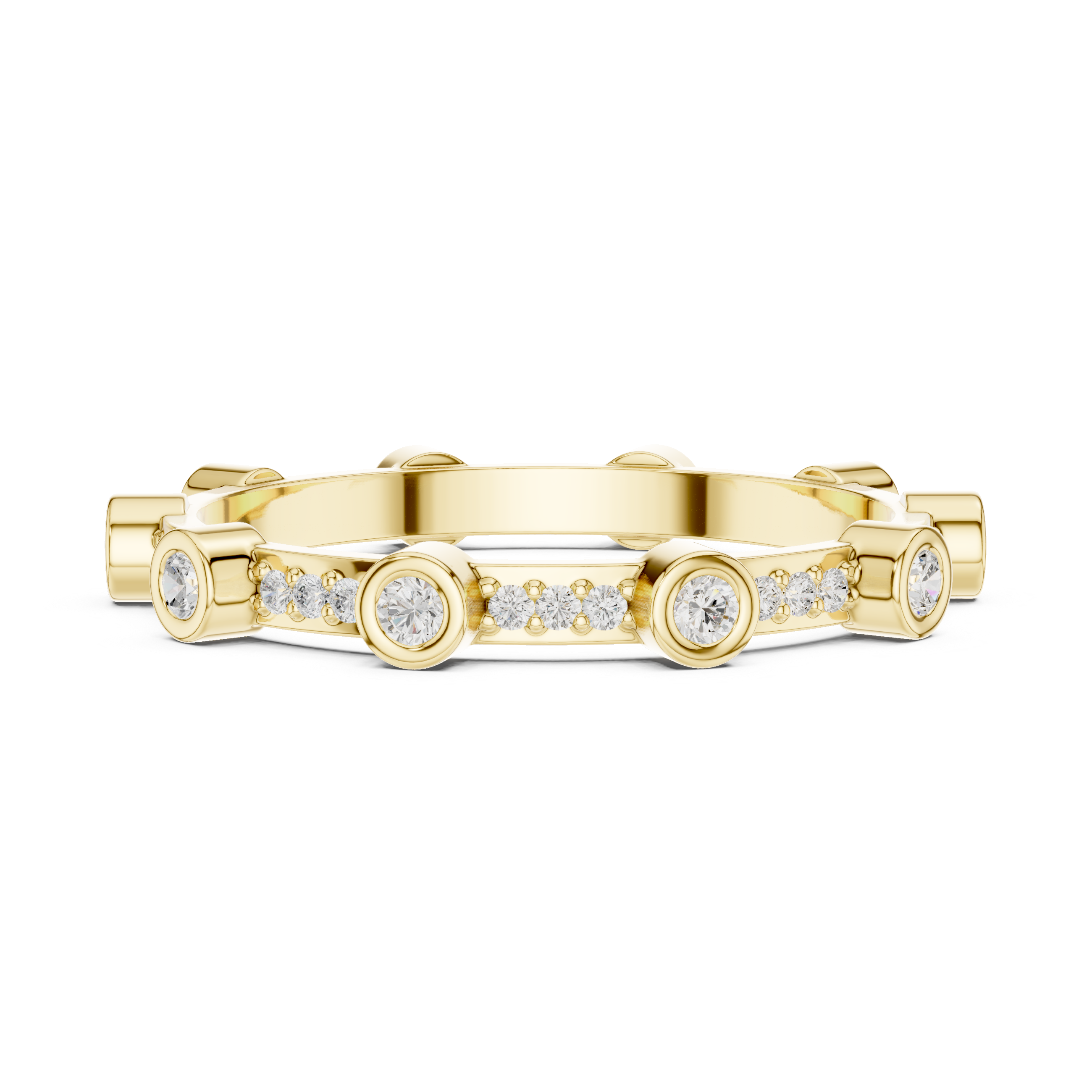 Gold ring with embedded diamonds on a white background