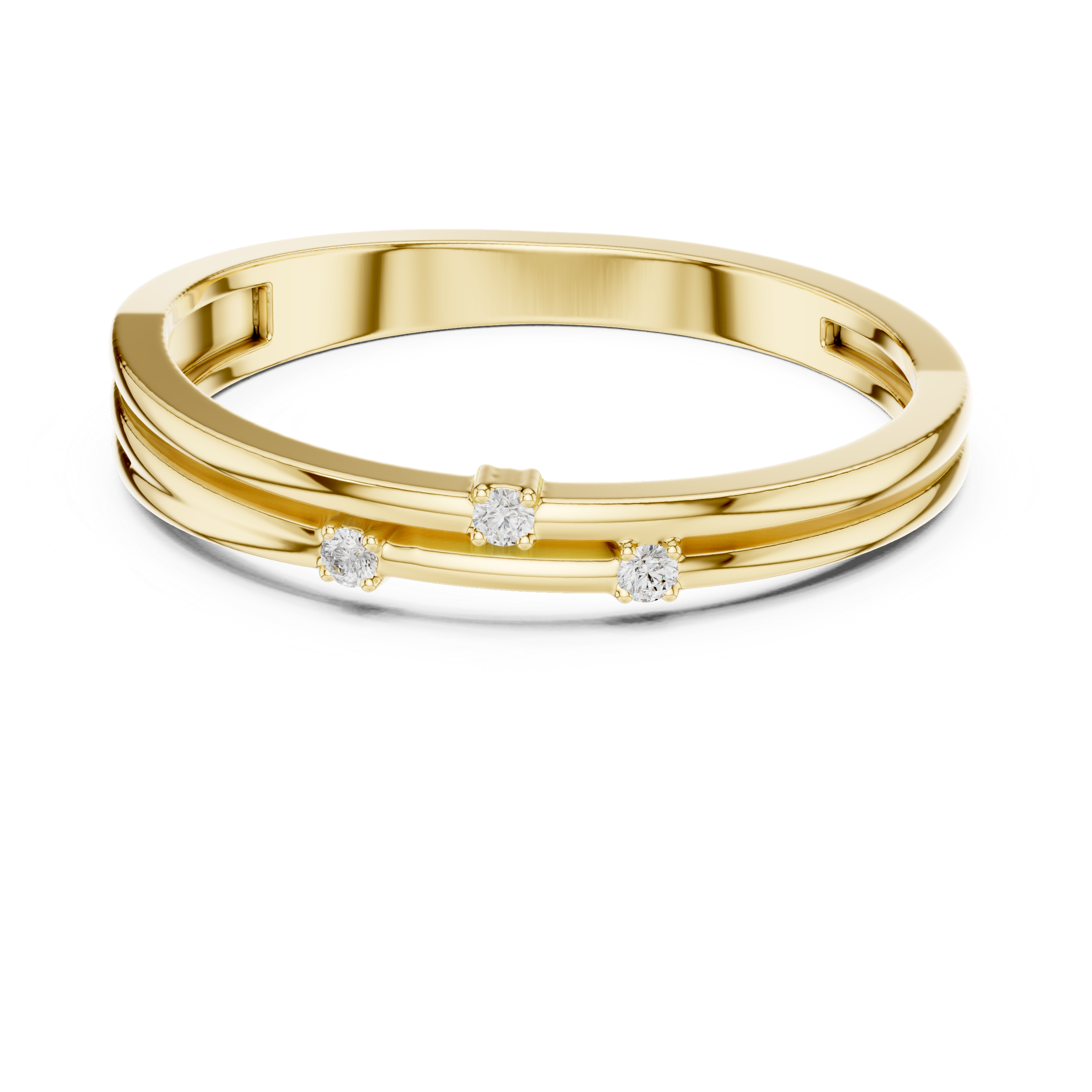 Gold ring with three diamonds on a white background