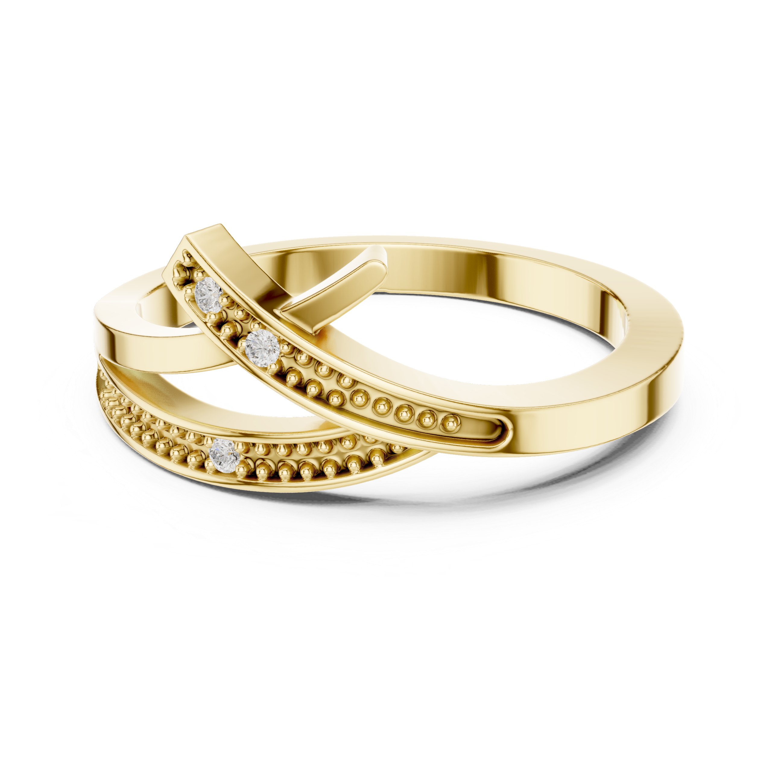 Gold ring with diamond accents on a white background