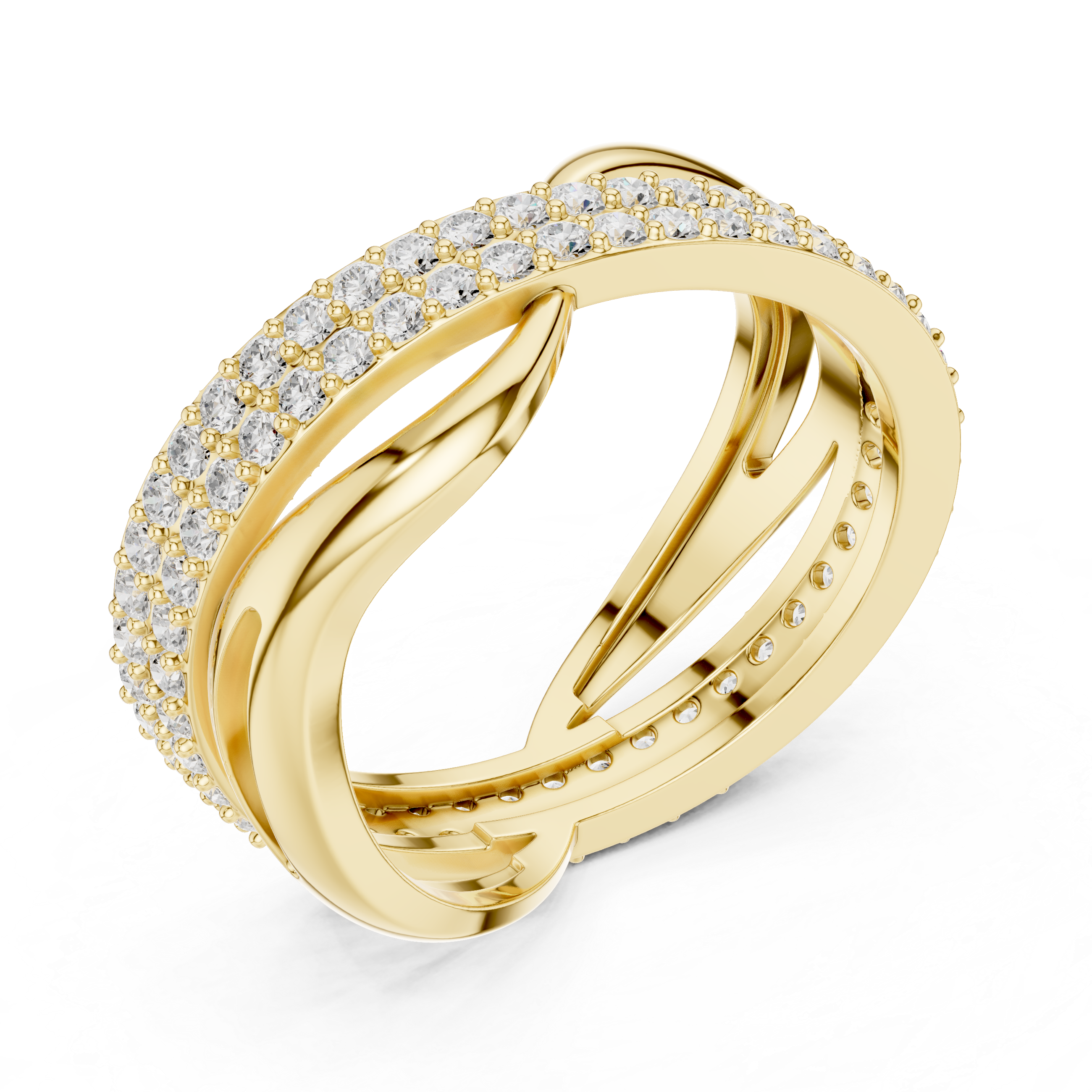 Gold ring with diamond accents on a white background