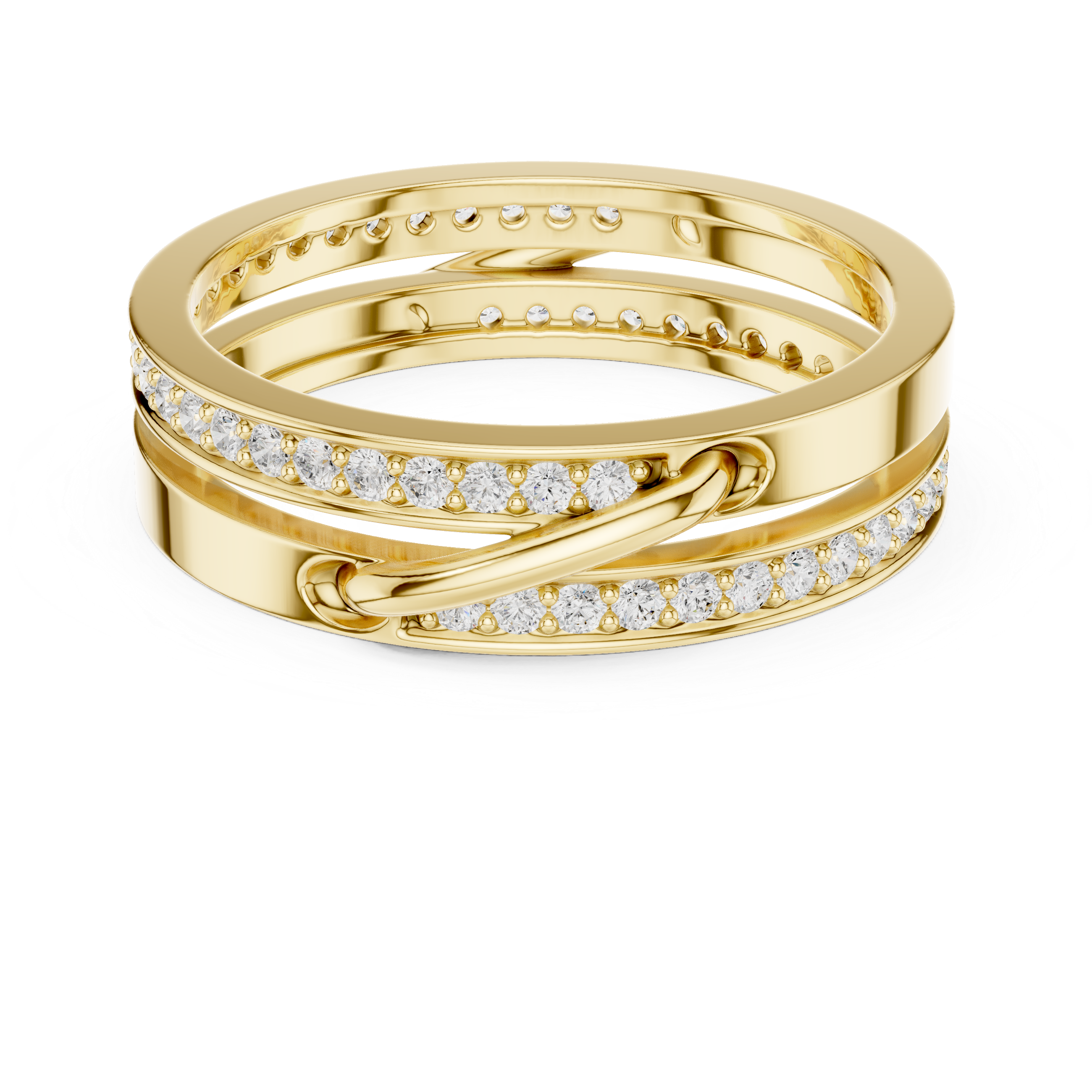 Gold ring with diamond accents on a white background