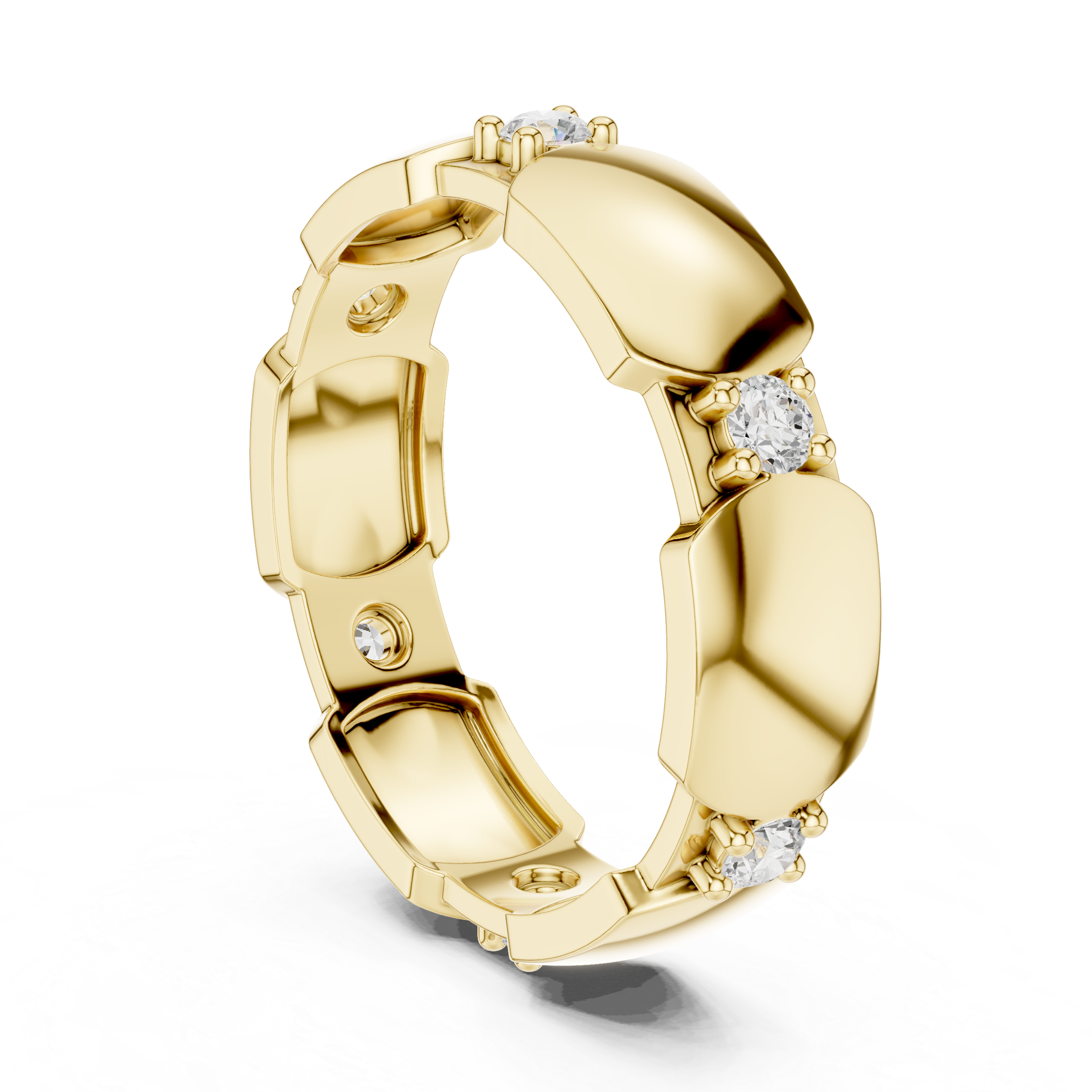 Gold chain-link ring with diamonds on a white background