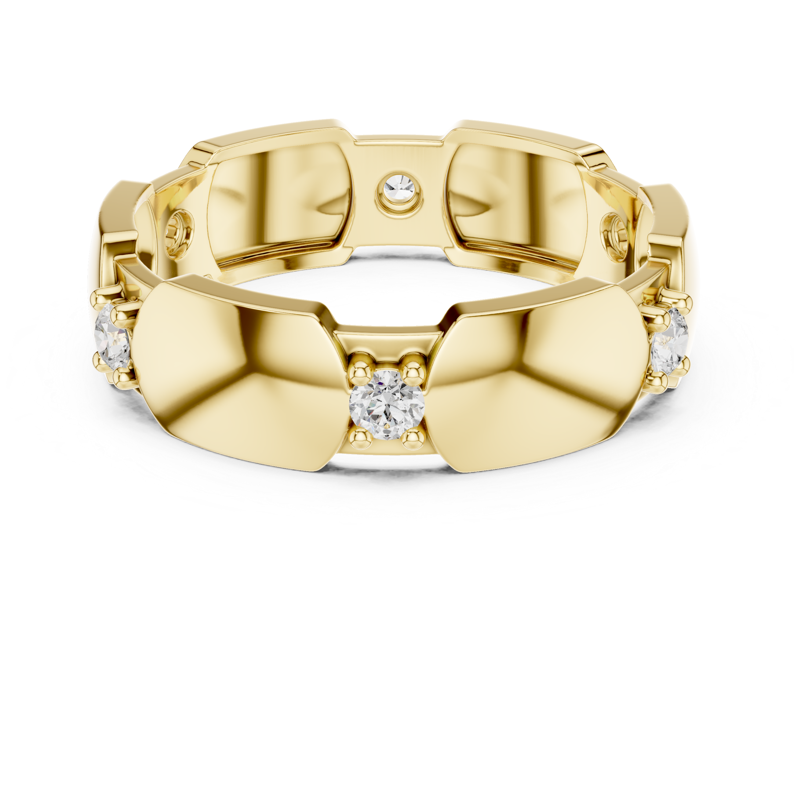 Gold chain-link ring with diamonds on a white background