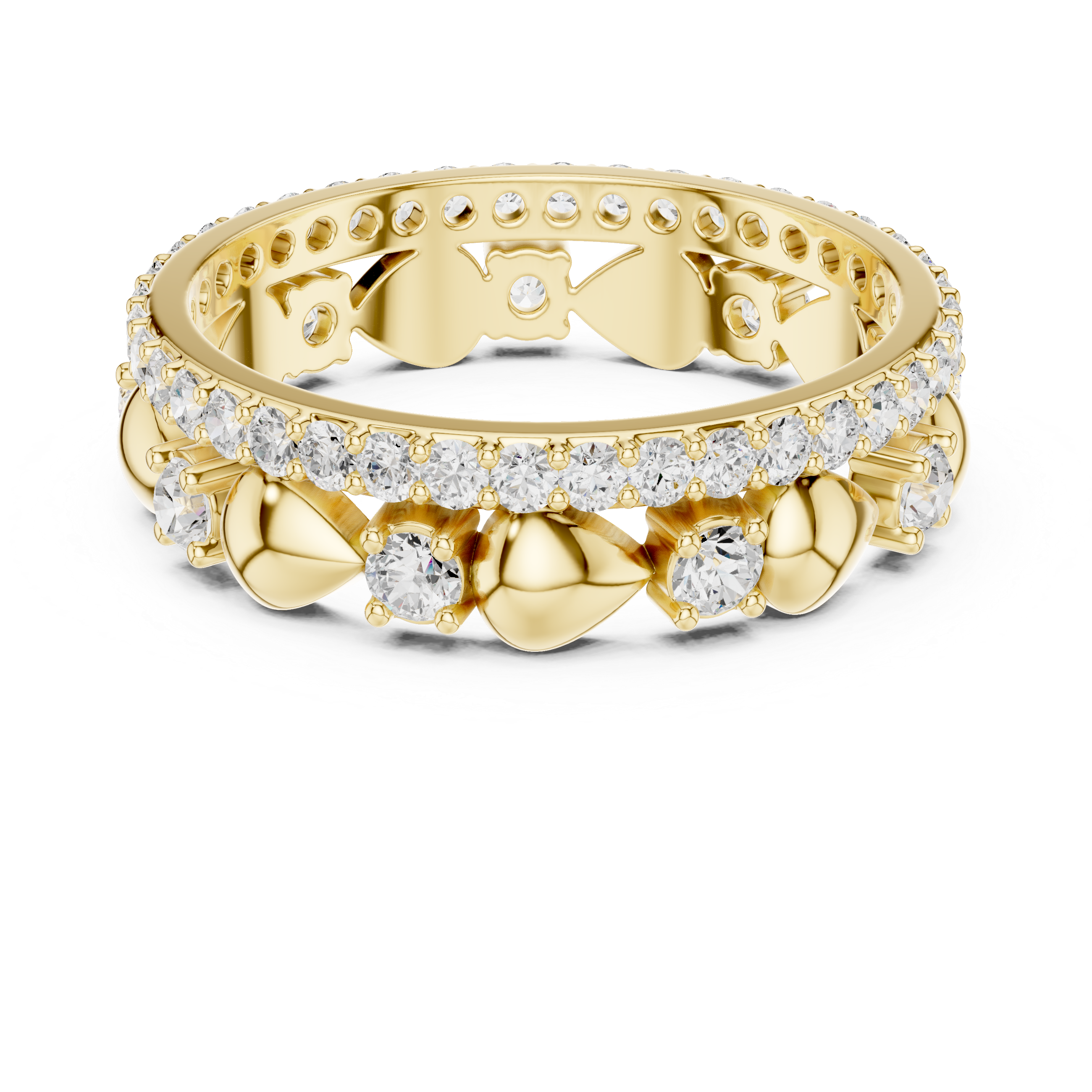 Gold ring with diamond accents on a white background