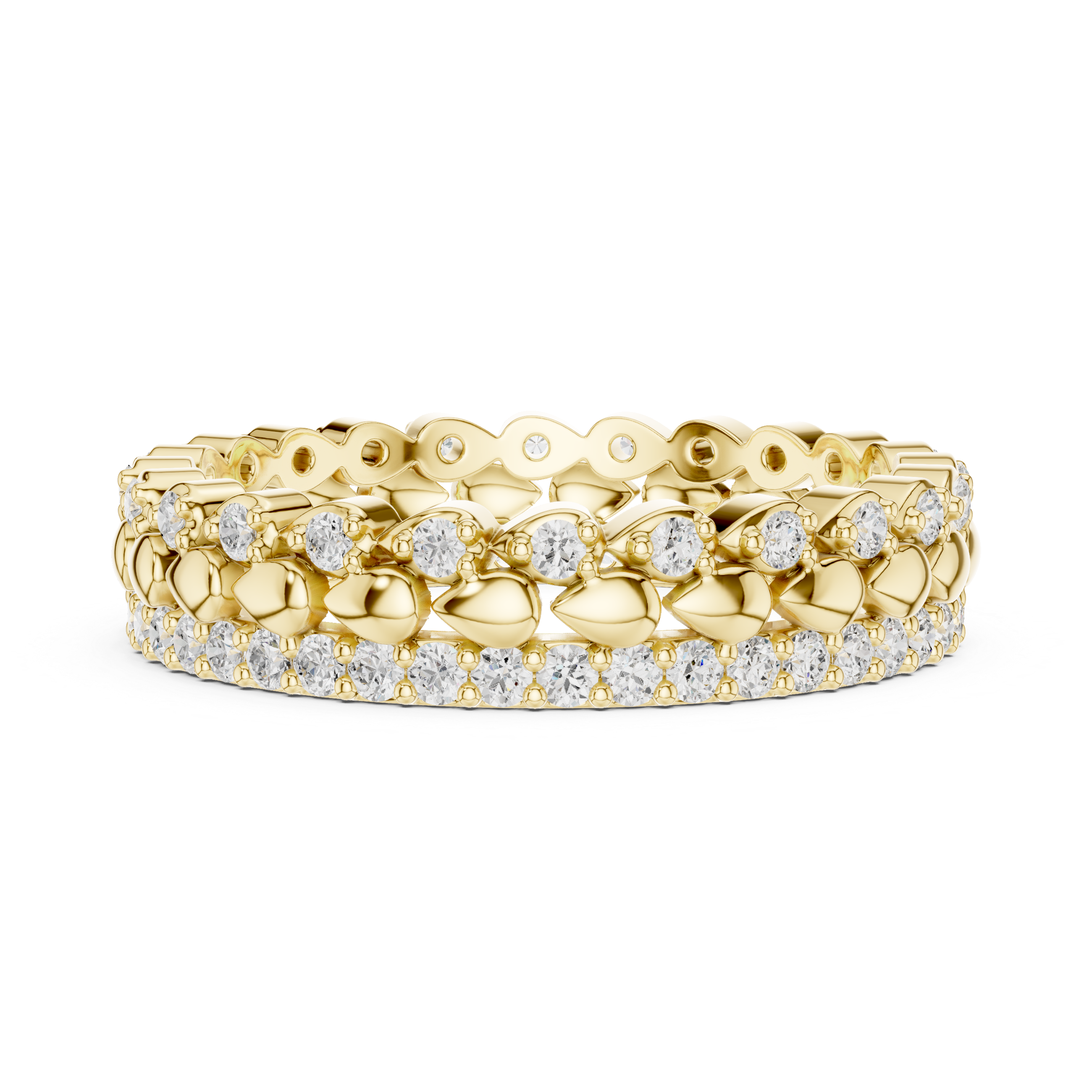 Gold ring with diamond accents on a white background