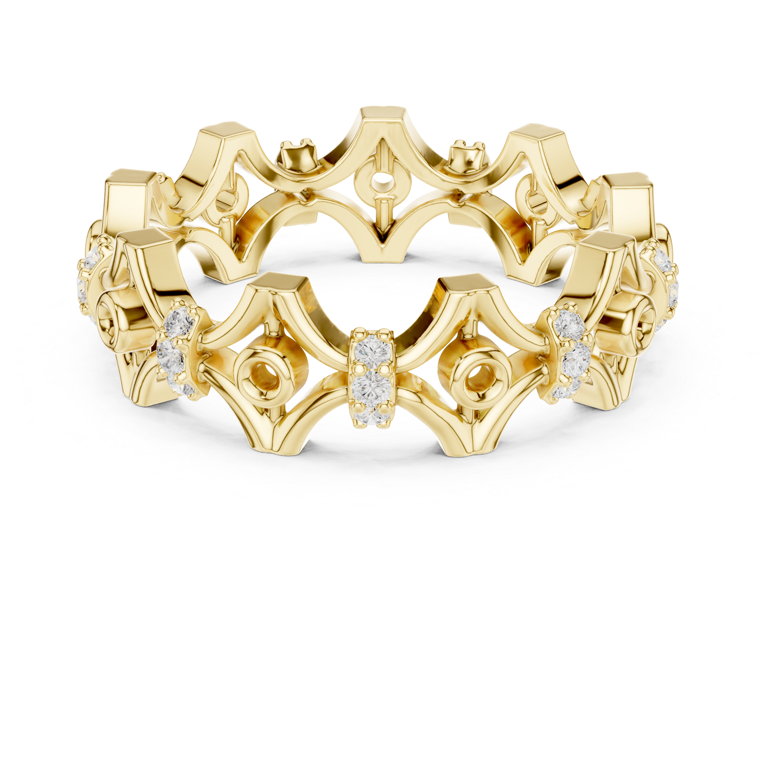 Gold ring with diamond accents on a white background