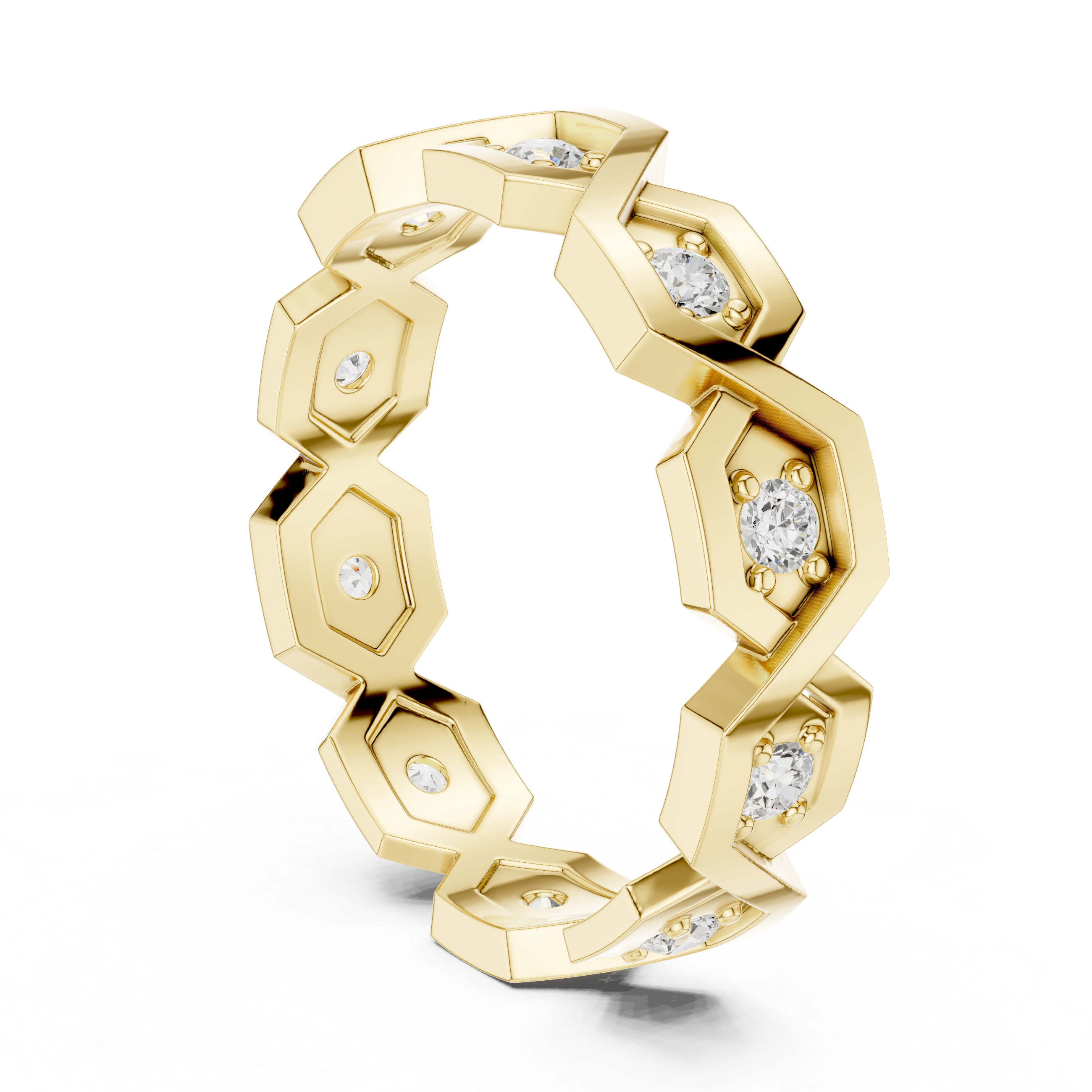 Gold ring with hexagonal design and embedded diamonds on a white background