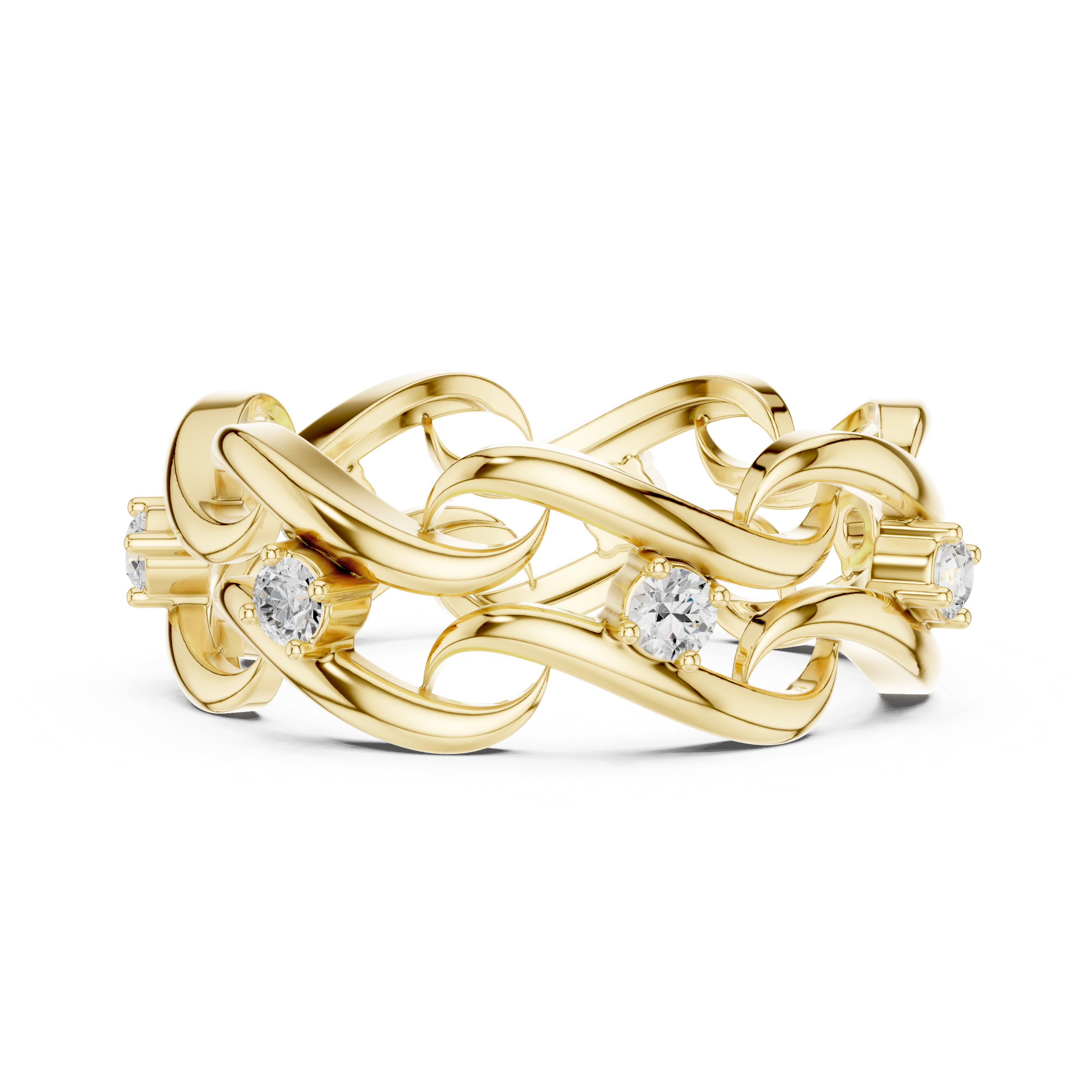 Gold ring with diamond accents on a white background