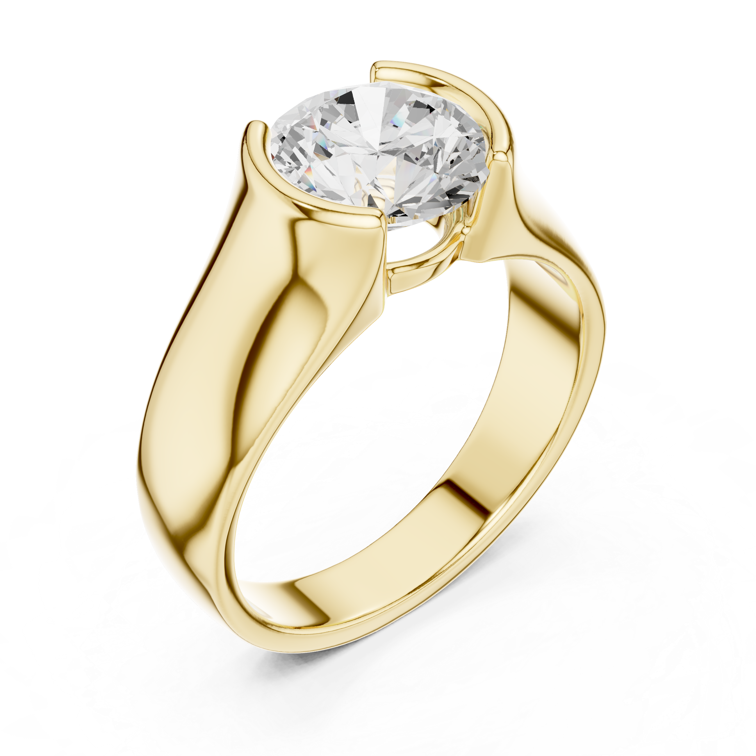 Gold ring with a large diamond on a white background