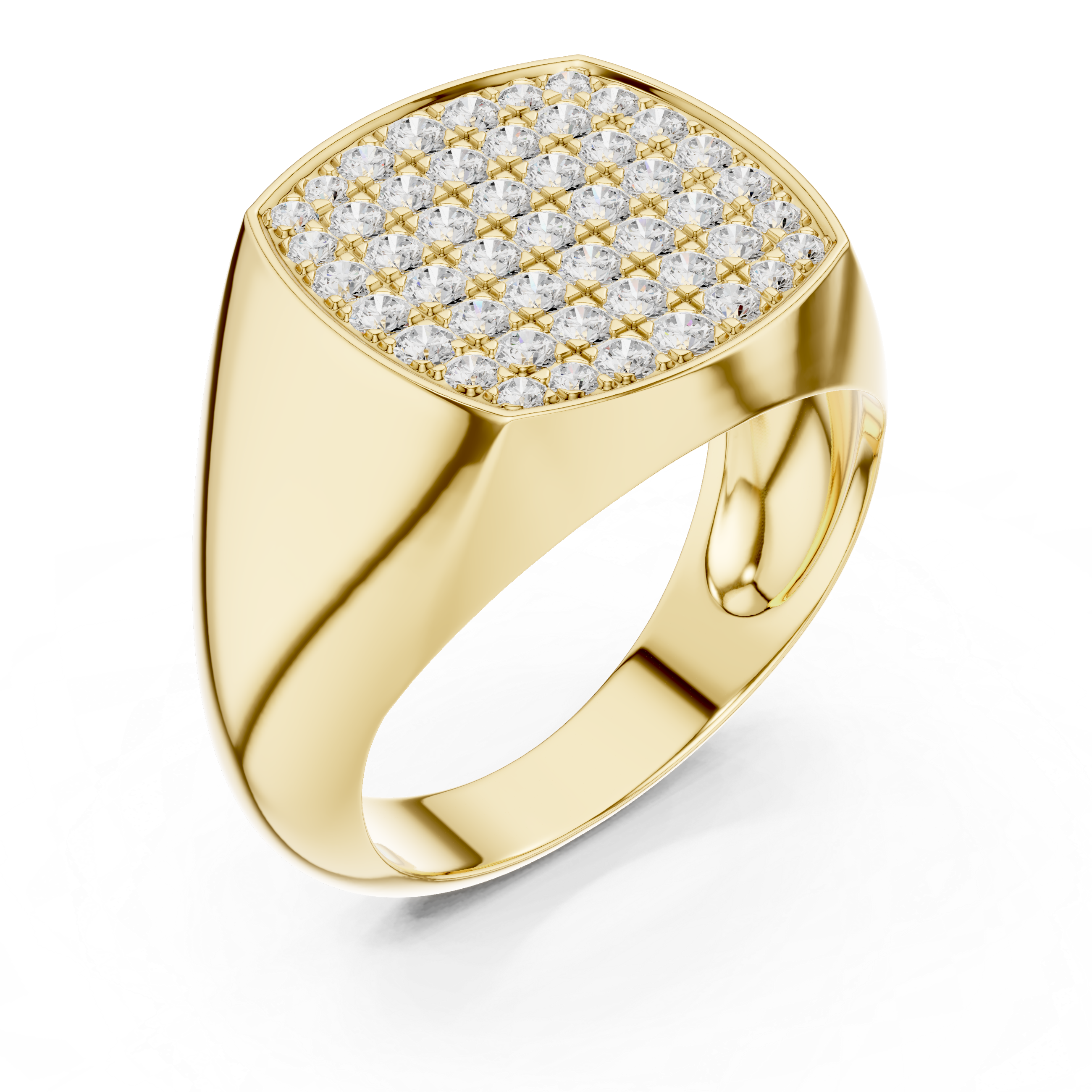Gold ring with diamond-studded top on a white background