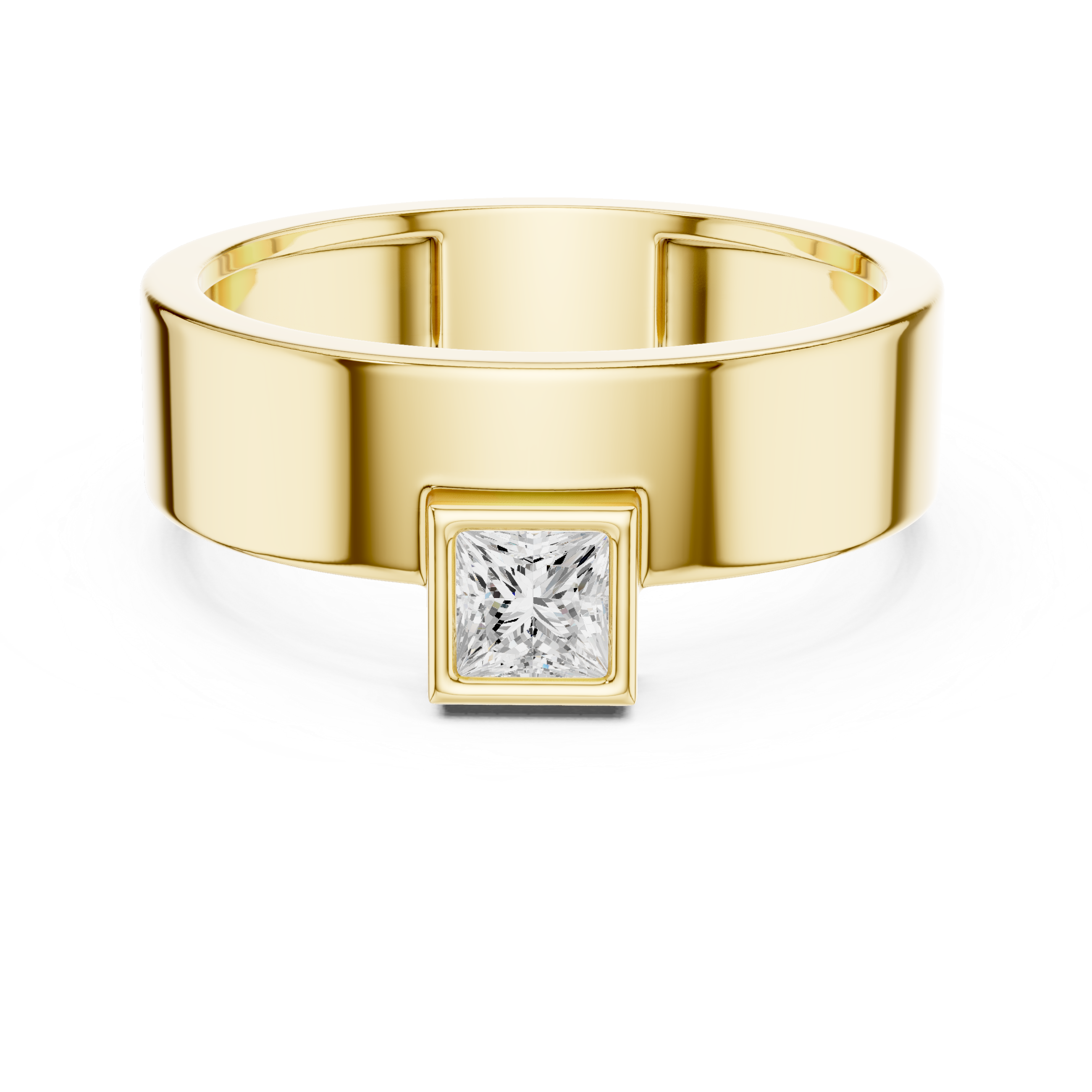 Gold ring with a square-cut diamond on a white background