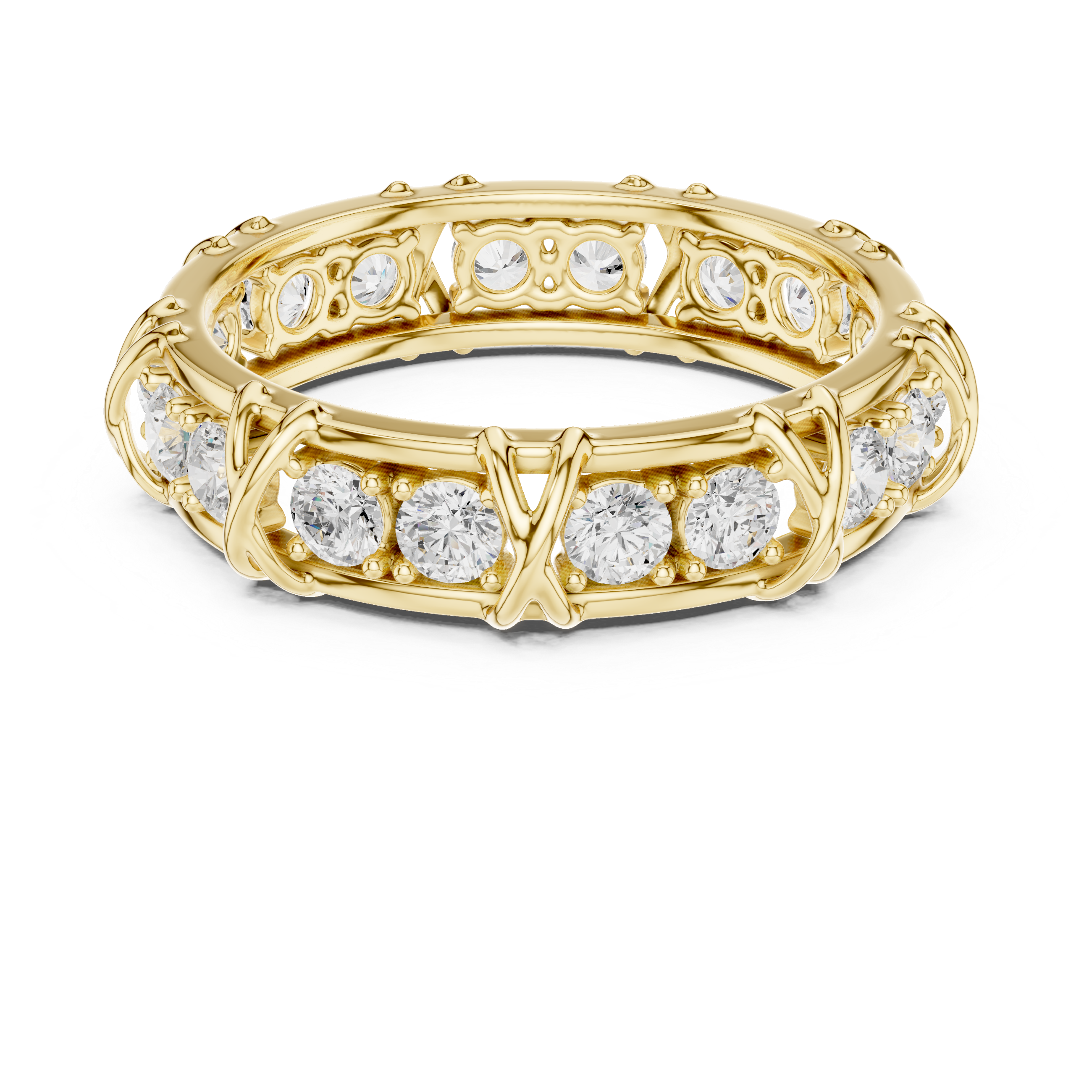 Gold ring with diamond stones on a white background