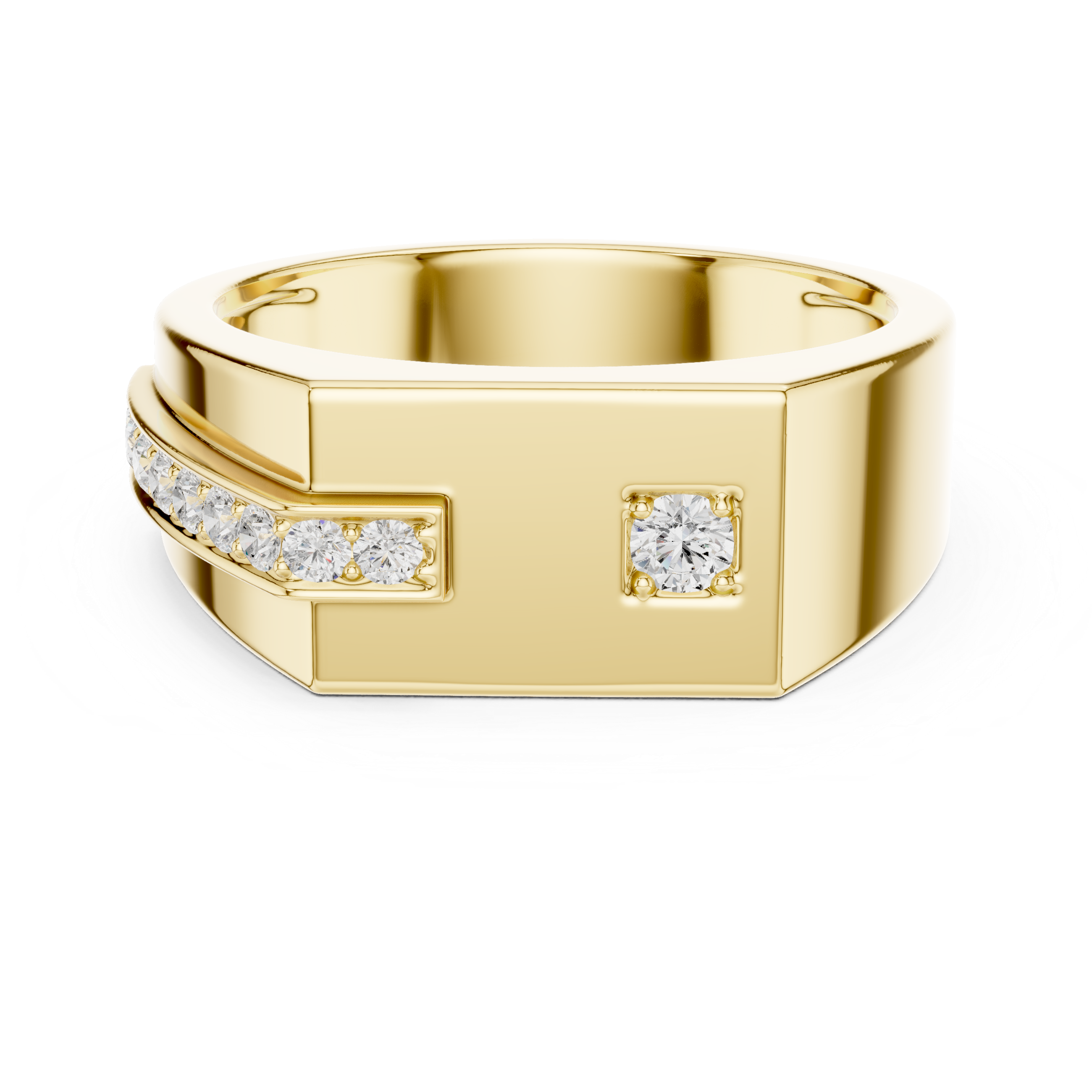 Gold ring with diamond accents on a white background