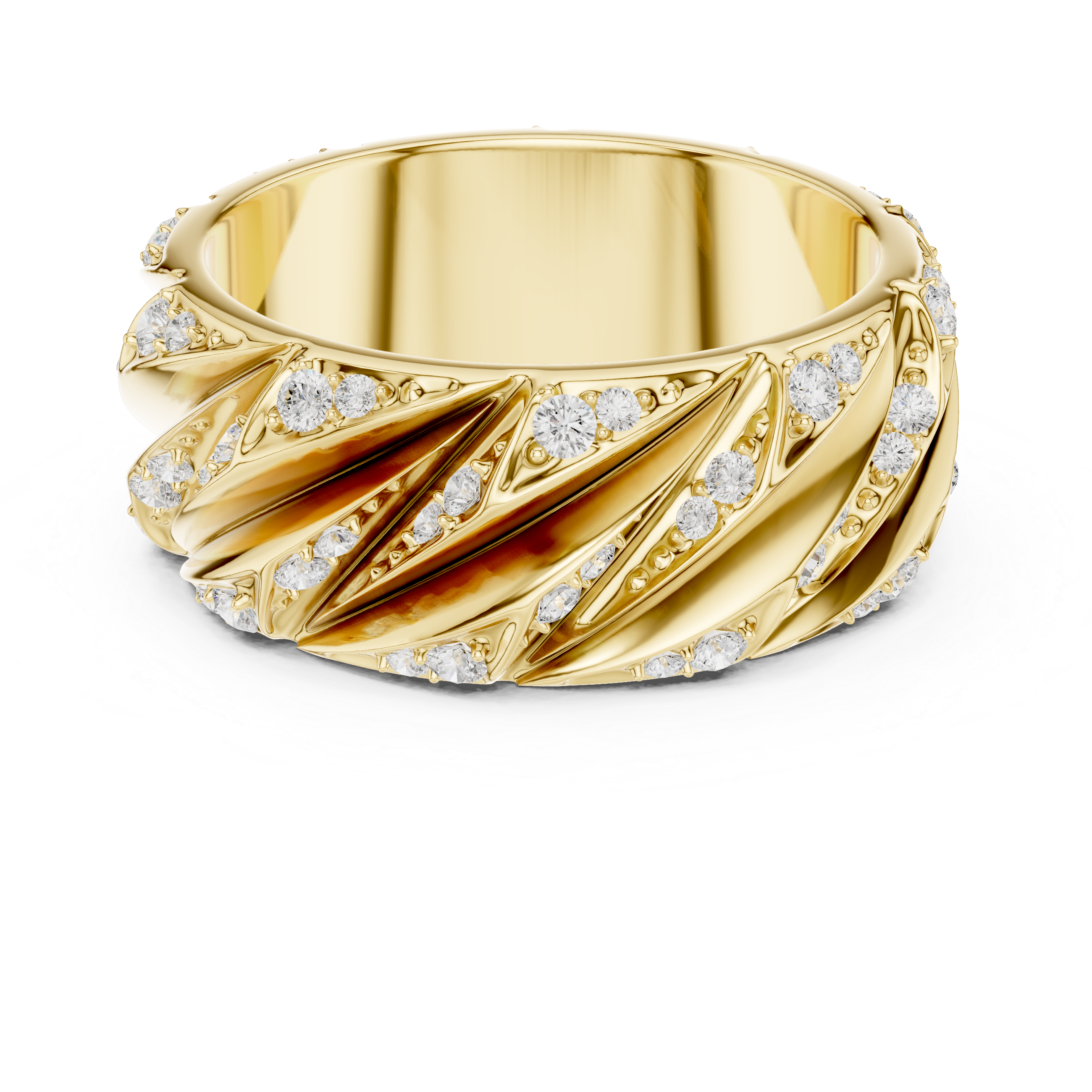 Gold ring with diamond accents on a white background