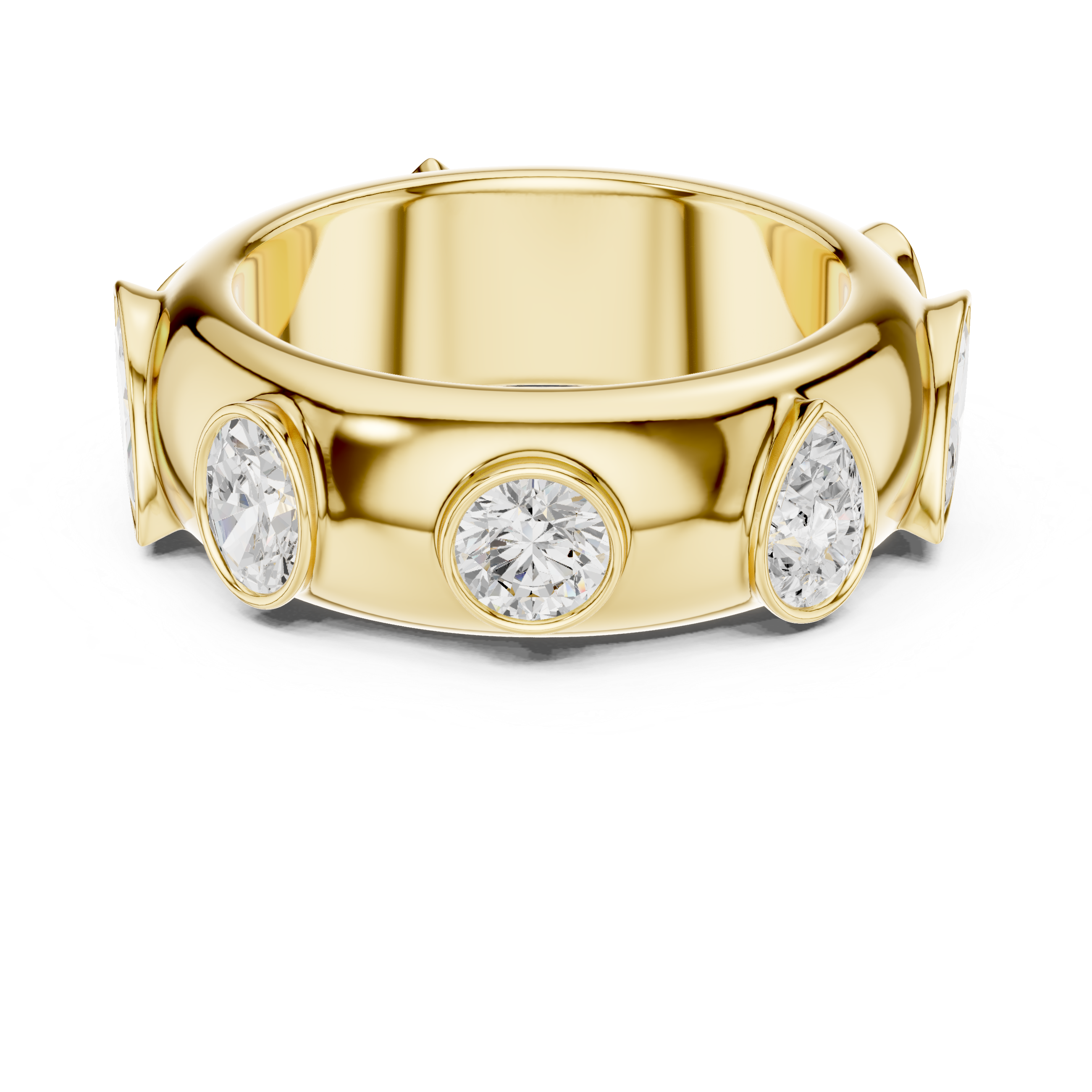 Gold ring with three diamonds on a white background