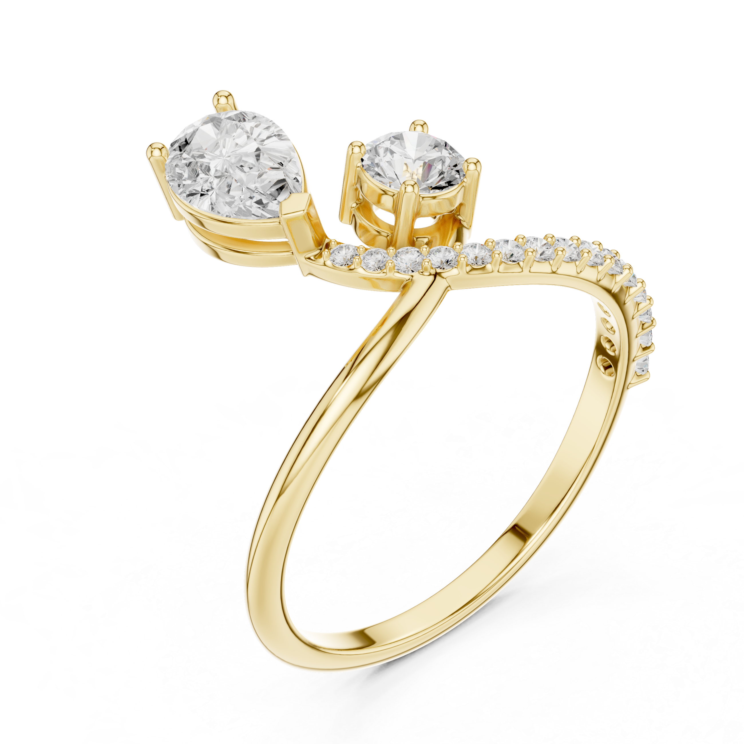Gold ring with two round diamonds and a smaller diamond on a white background