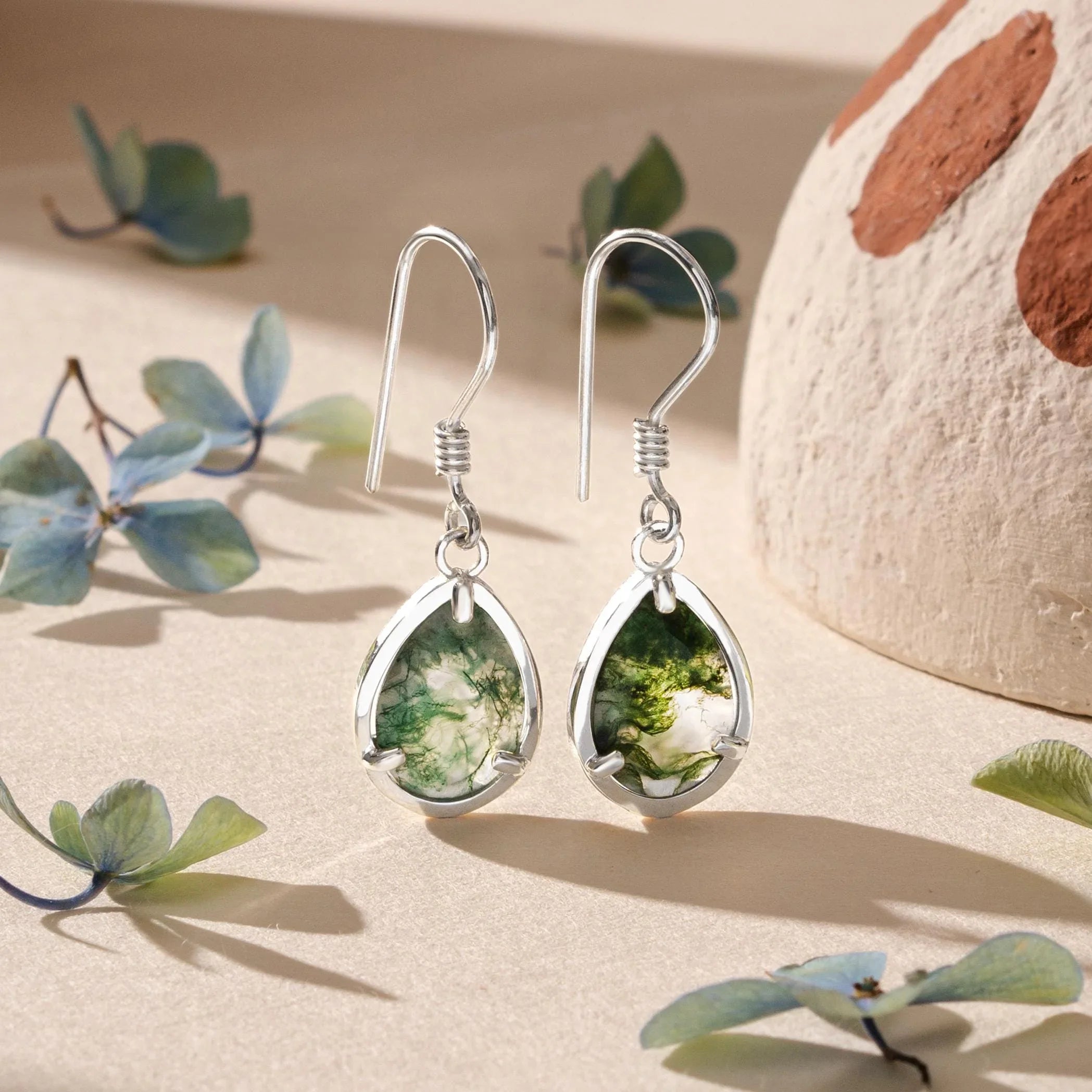 Green Moss Agate Earrings, Pear Moss Agate Jewelry