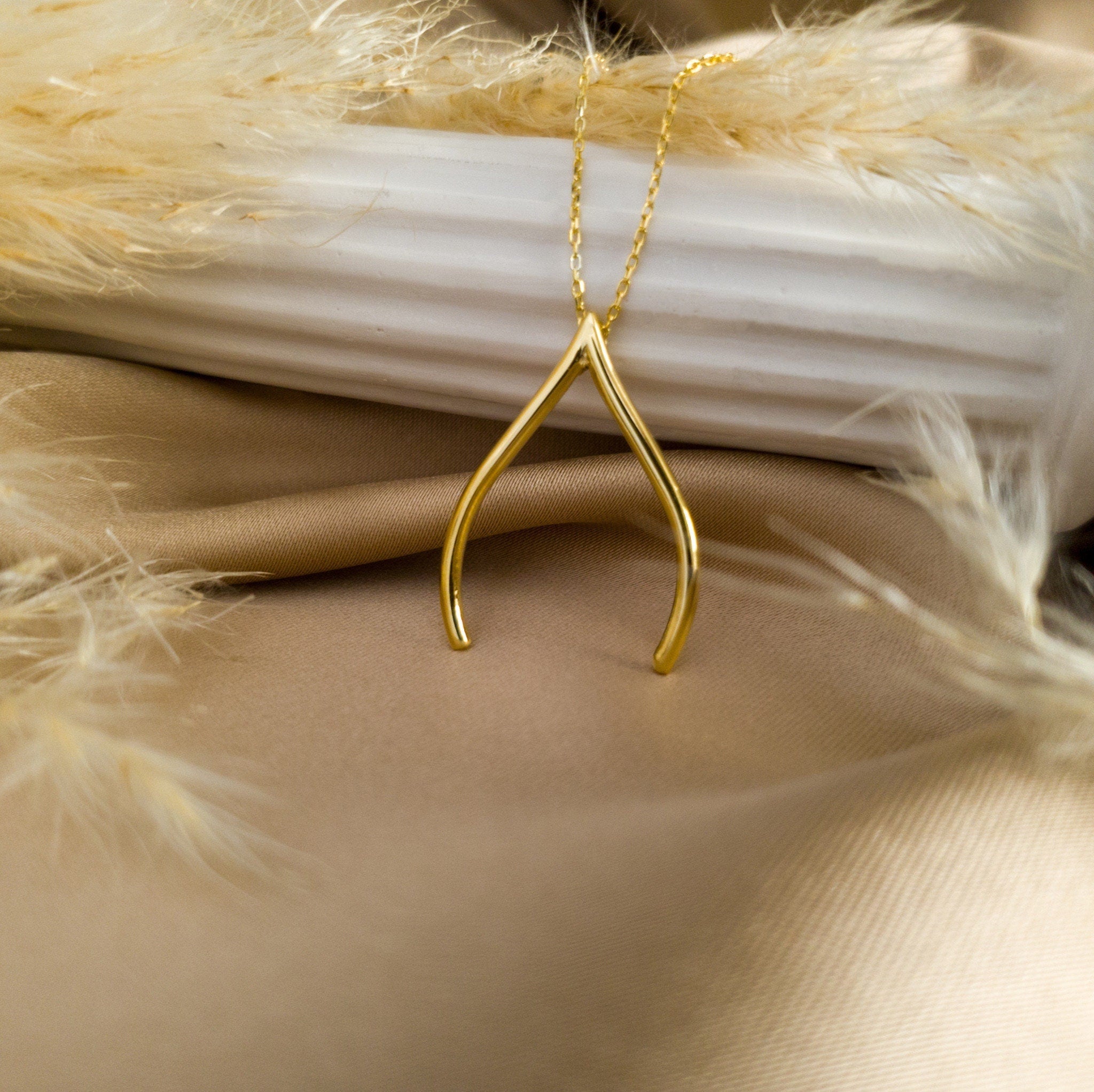 14k Solid Gold Wishbone Ring Holder Necklace