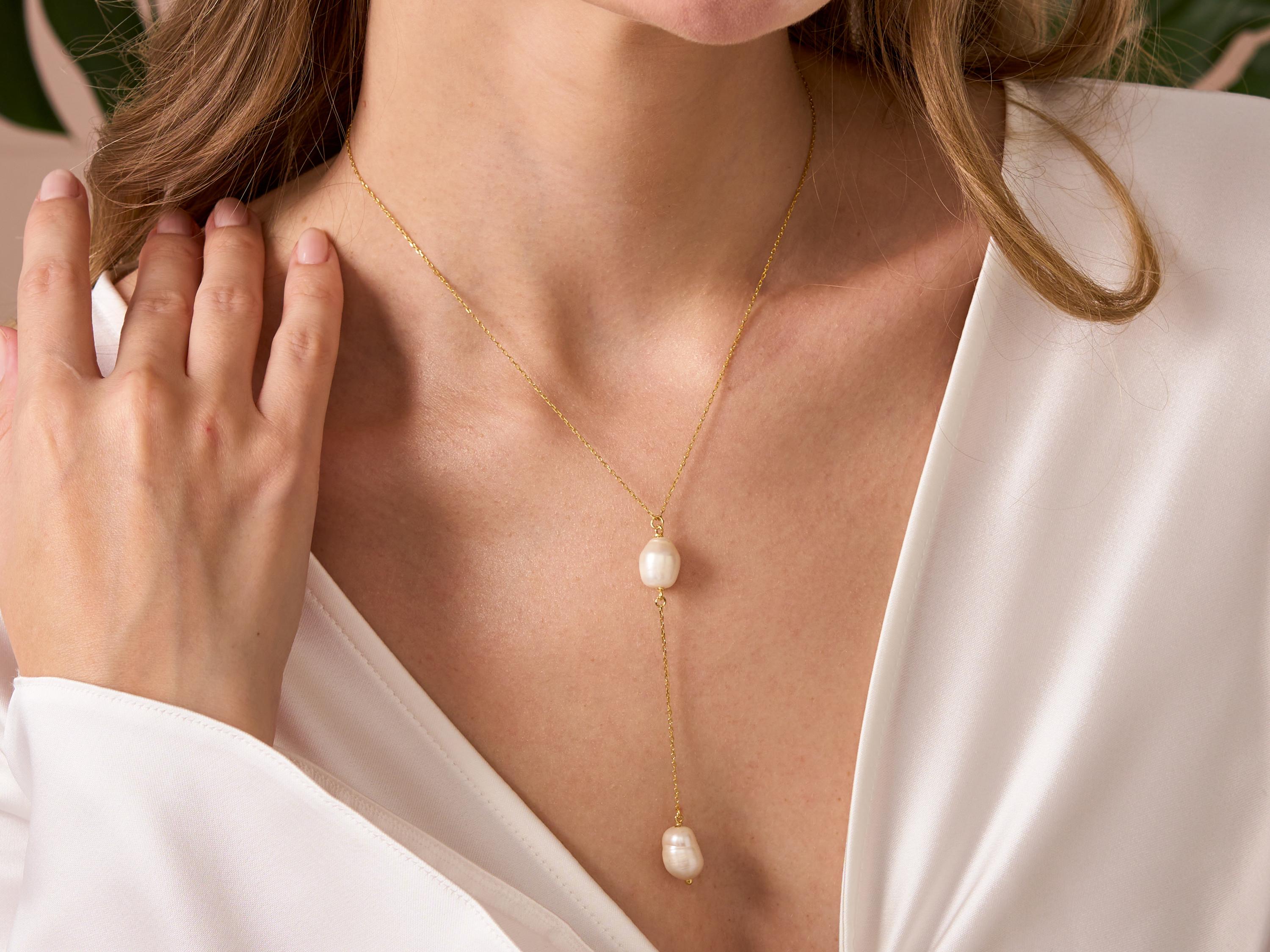 Elegant Pearl Lariat Necklace - Dainty Asymmetrical Pearl Jewelry